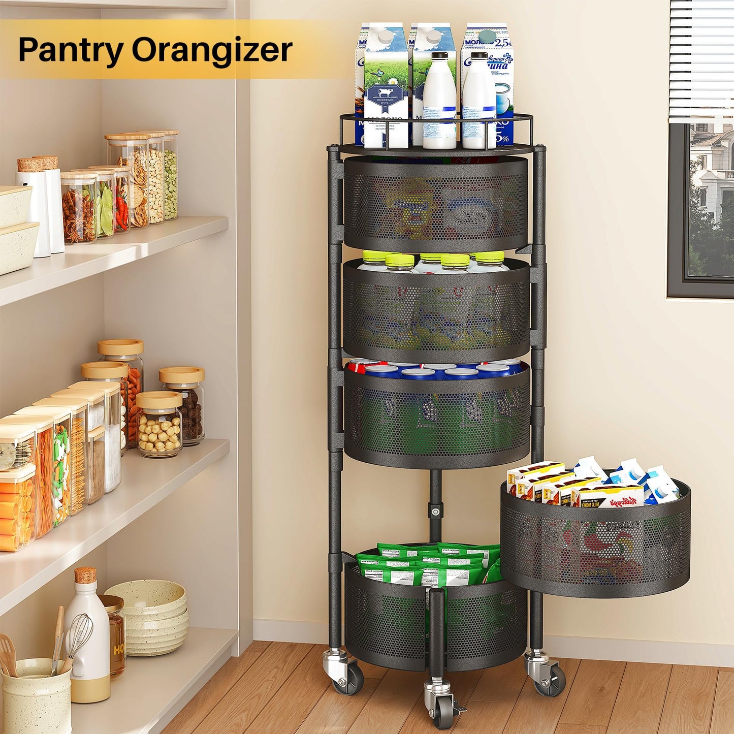 360° Rotating 5-Tier Kitchen Storage Trolley - Space-Saving Rack 🛒✨