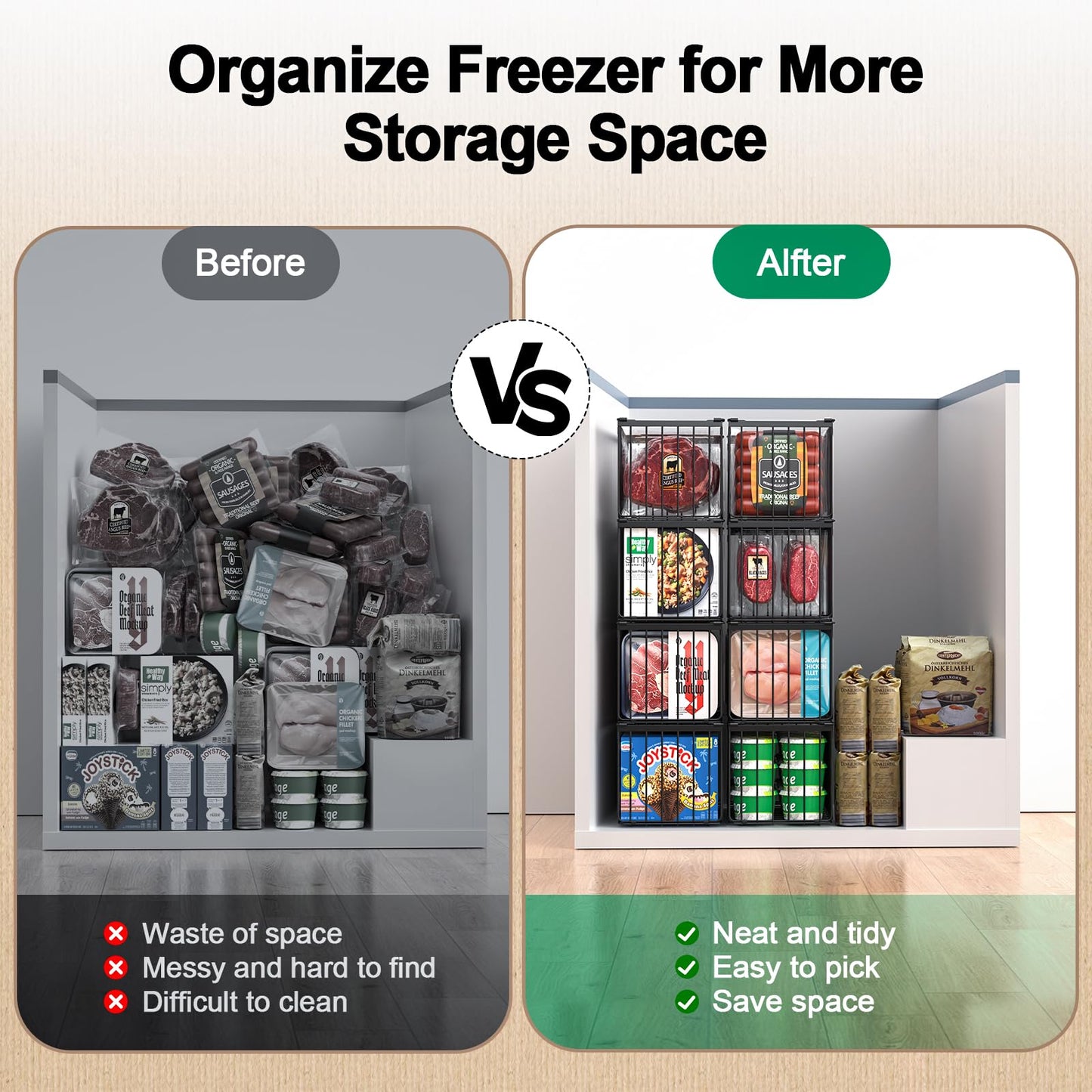 Stackable Metal Freezer Organizer Bins |  Storage Baskets （2-4) Pack🧊🍖